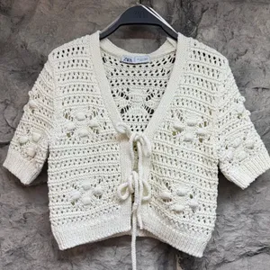 Zara off white cream ivory crochet short sleeve tie front knit sweater cardigan thumbnail 1