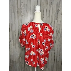 Madewell Women's Large Floral‎ Cropped Blouse Red V-Neck Short Sleeve thumbnail 3