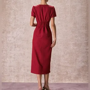 Rihoas Red V Neck Shirred Puff Sleeve Midi Dress thumbnail 6