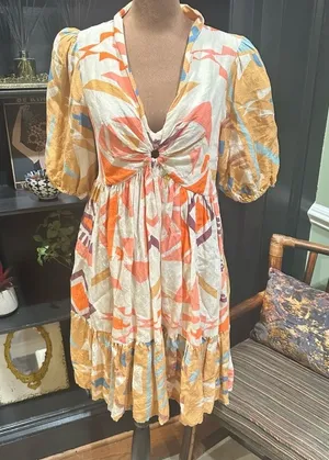 Anthropologie Ranna Gill Sabina Bubble Sleeve Mini Dress – Multicolor Abstract Seashell Print thumbnail 1