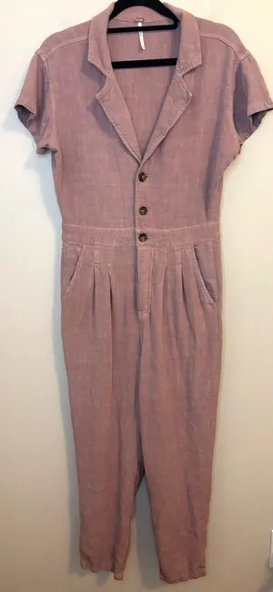 Free People Linen Blend Utility Jumpsuit Mauve Pink XS thumbnail 1