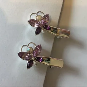 New Silver Pink And Purple Butterfly Jeweled Hair Clips thumbnail 1