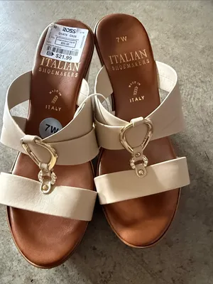 Italian Shoemakers Cream Slide Sandals with Gold Hardware thumbnail 1