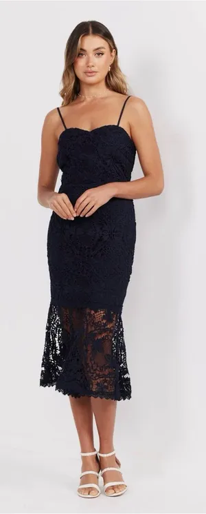 Twosisters The Label Rhia Lace navy Midi‎ Dress with Spaghetti Straps size 4 thumbnail 1
