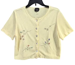 Vintage Teddi Cardigan Top Womens M Yellow Floral Embroidered Cottage Dainty thumbnail 1