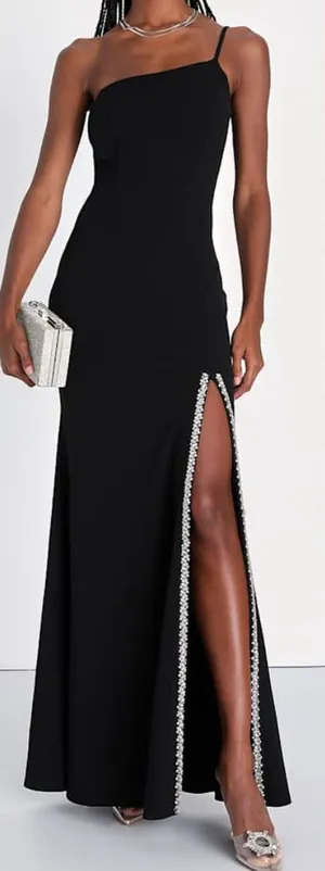 Lulu’s Absolutely Sensational Black Rhinestone One-Shoulder Maxi Dress Sz S 💚🍄 thumbnail 1