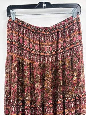Y2K Boho Paisley Tiered Maxi Skirt bohemian boho beach Brown Pink size small thumbnail 3