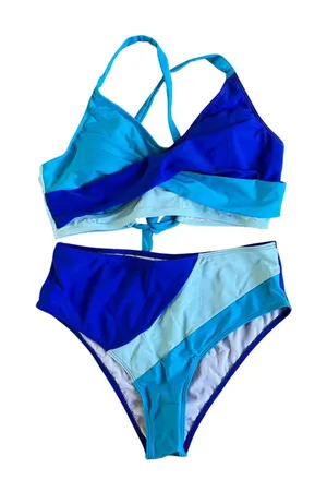 Rosvigor Swimsuit High‎ Waist Bikini Set Twist Front Top Blue Color Block L thumbnail 1