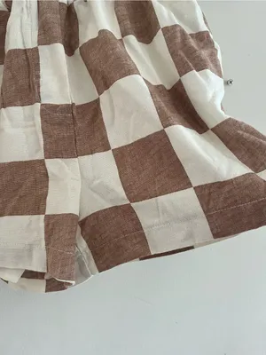 Brown White Check Print Linen Blend Shorts Small Cottagecore Picnic Western thumbnail 2