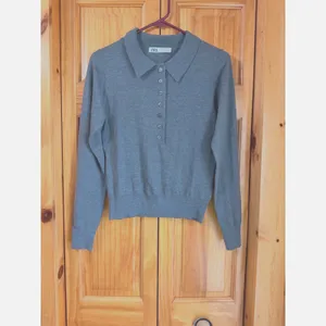 Zara Gray Marl Knit Wool Blend Polo Sweater S Long Sleeve Collared Lightweight thumbnail 3