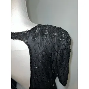 100% Silk Vintage Women’s Black Beaded Open Back MIDI Dress LARGE thumbnail 15