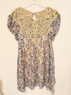 Free People Margot babydoll mini dress, bohemian printed crochet detail sz M thumbnail 3