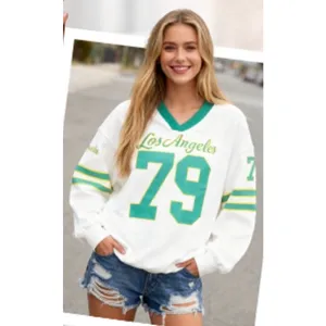 NEW Oversized Jersey Shirt V Neck Sweatshirt Graphic Pullover S thumbnail 2