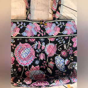 Vera Bradley Vera Tote in a black floral pattern. thumbnail 3