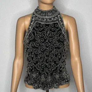 Vintage 1980s Papell Boutique Black Silver Beaded Silk Evening Top Small thumbnail 4