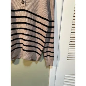 Cyrus Women's Sz Medium Sweater Oversized Collar Tan Black Stripes Henley Button thumbnail 6