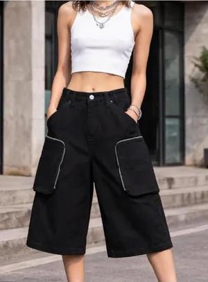 Black Y2K Skater Grunge Goth Edgy Long Cotton Denim Bermuda Shorts Zip Cargo S thumbnail 1
