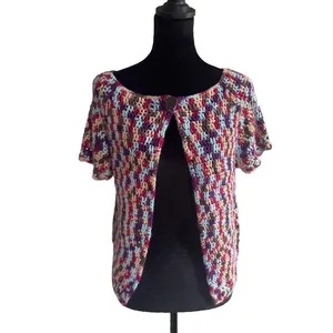 Handmade Crochet Cardigan Short Sleeve Multi Color Variegated Boho Bolero Hippie thumbnail 2