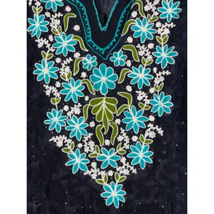 Boho‎ Floral Hand Embroidered Kurta Tunic Top Black Turquoise Scallop Trim M/L thumbnail 3