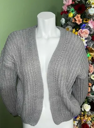 Oversized Grey Ribbed Knit Cardigan - Chunky Open Front Sweater thumbnail 1