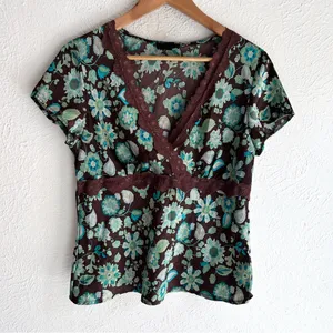 AGB Y2K Floral Lace Trim Empire Waist Top Brown & Teal Large thumbnail 1