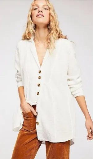 Free People All About The Feels M Gauze Cotton Button Up Top Ivory Boho Peasant‎ thumbnail 1