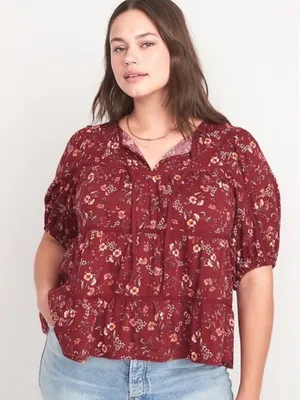 Old Navy Puff-Sleeve Floral Tiered‎ Swing Boho Top Burgundy Floral XXL Flowy thumbnail 1