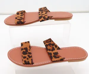 Leopard Print Double Strap Flat Slide Sandals Brown Tan Size 40 thumbnail 1