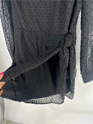 Lulus Black Swiss Dot Ruched Tie Mini Dress Size L NWT thumbnail 5