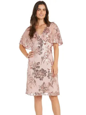 NWT R&M Richard Sequin Floral Cocktail Dress with Sheer Overlay Cape Rose 12P thumbnail 2