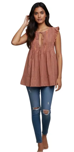 Free People Striped Ruffle Tunic Mini Dress Small New With Tags Orange Mot thumbnail 1