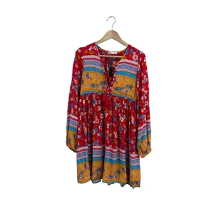 R.Vivimos Red Floral Boho Mini Dress Long Sleeve Tassel V-Neck Size S‎ 4/6 thumbnail 2