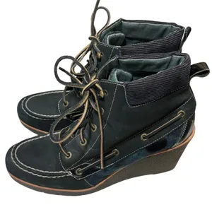 Sperry Top-Sider 11M Black Green Leather Wedge Boot Plaid Laceup Preppy Academia thumbnail 1