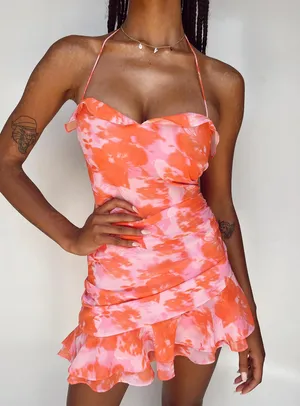 Princess Polly Yara Floral Halter Mini Dress Orange Pink thumbnail 6