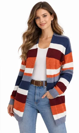Boho Striped Long Cardigan Duster Cozy Fall Layer Rust Blue XL ECOWISH thumbnail 1