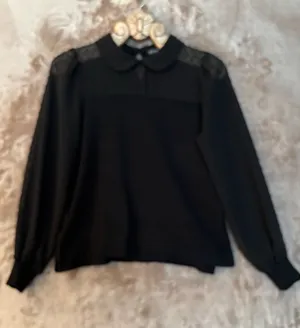 Adrianna Papell Black Peter Pan Collar Lace-Yoke Blouse Women’s Size S thumbnail 1