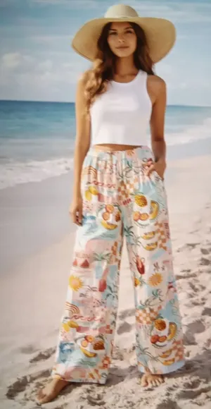 Paper Heart Wideleg Tropical Fruit Print Art To Wear Vacation Beach Womens Small thumbnail 1
