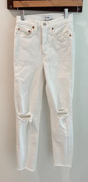 RE/DONE‎ 90s High Rise Ankle Crop Jeans White Destroy Distressed Size 23 thumbnail 1