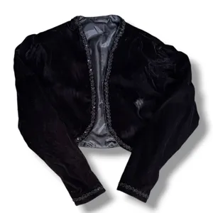 Vintage Black Velvet Bolero Cropped Jacket Beaded Trim Open Front Evening Shrug thumbnail 5