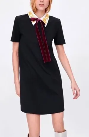 Zara Black Dress with Embroidered White Collar and Burgundy Ribbon Size M thumbnail 1