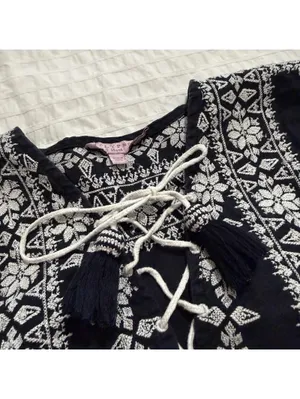 Calypso St. Barth 100% Linen Navy Blue White Embroidered Shift Dress Mini Small thumbnail 9