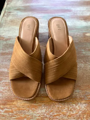 J. Jill Stack Heel Block Sandal Mules Brown Leather Open Toe Shoe Size 9 thumbnail 2
