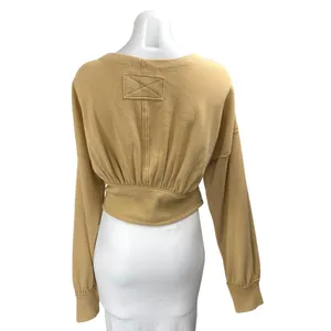 Free People Cream Tan Long Sleeve Faux Wrap V-Neck Crop Sweater Blouse Top Sz L thumbnail 2