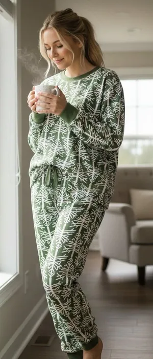 Pact Organic Cotton Pajama Set Green White Tree Print Large Womens Loungewear thumbnail 1