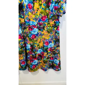 New York & Co Multicolor Floral V-Neck Puff Sleeve Belted Fit & Flare Midi Dress thumbnail 6