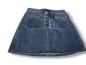 Garage Lace-Up‎ Denim Mini Skirt Y2K Blue Jean Skater A-Line Cotton Indie Sleaze thumbnail 1