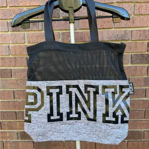 Victoria’s Secret PINK Grey Black Mesh Weekender Tote Shoulder Bag Open Top Gym thumbnail 2