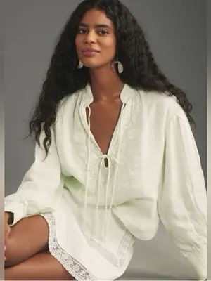 By Anthropologie Long-Sleeve Embroidered‎ Linen Tie-Front Top Blouse mint green thumbnail 1
