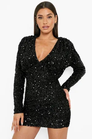 Black Sequin Deep V-Neck Cocktail Dress thumbnail 1