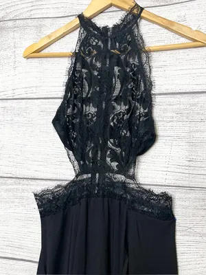 Sheer Black Lace Halter Neck Open Back High Slit Maxi Evening Gown Size Small thumbnail 6